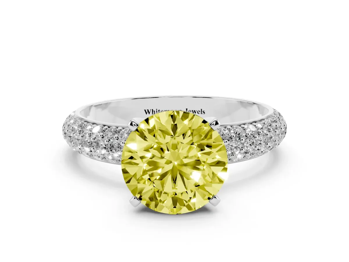 Fancy Yellow Round Cut Diamond Solitaire Ring with Prong Setting and Pavé Band Silver