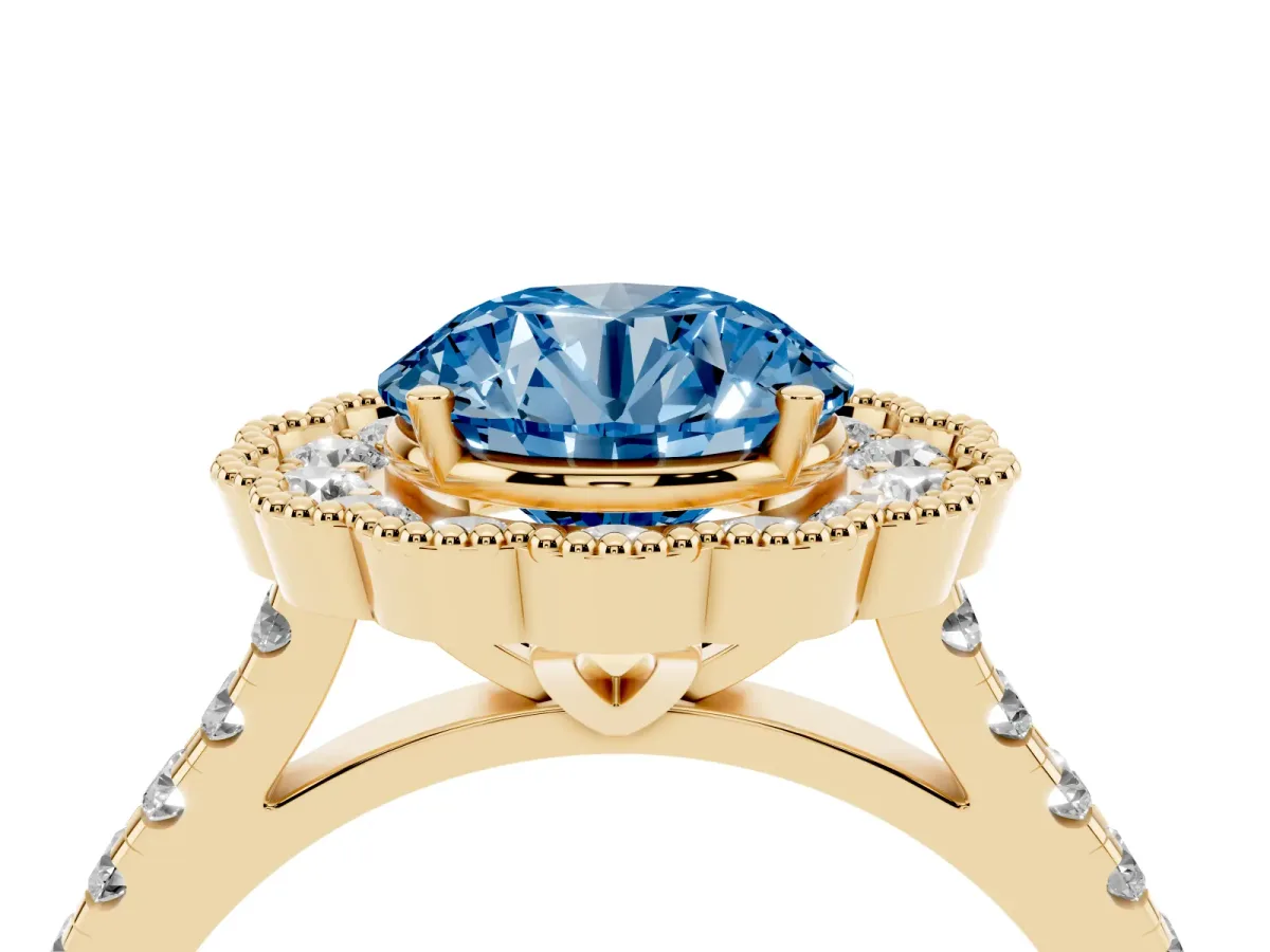 Fancy Blue Round Cut Cut Diamond Milgrain Floral Halo Engagement Ring with Pavé Band Yellow gold
