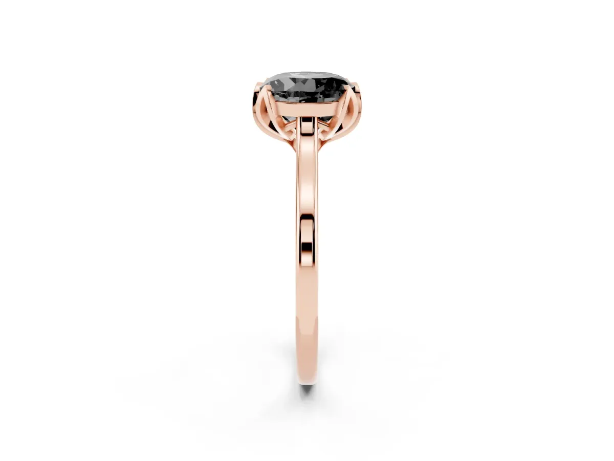 Fancy Black Round Cut Diamond Solitaire Ring with Flower Prong Setting and Classic Band Rose gold
