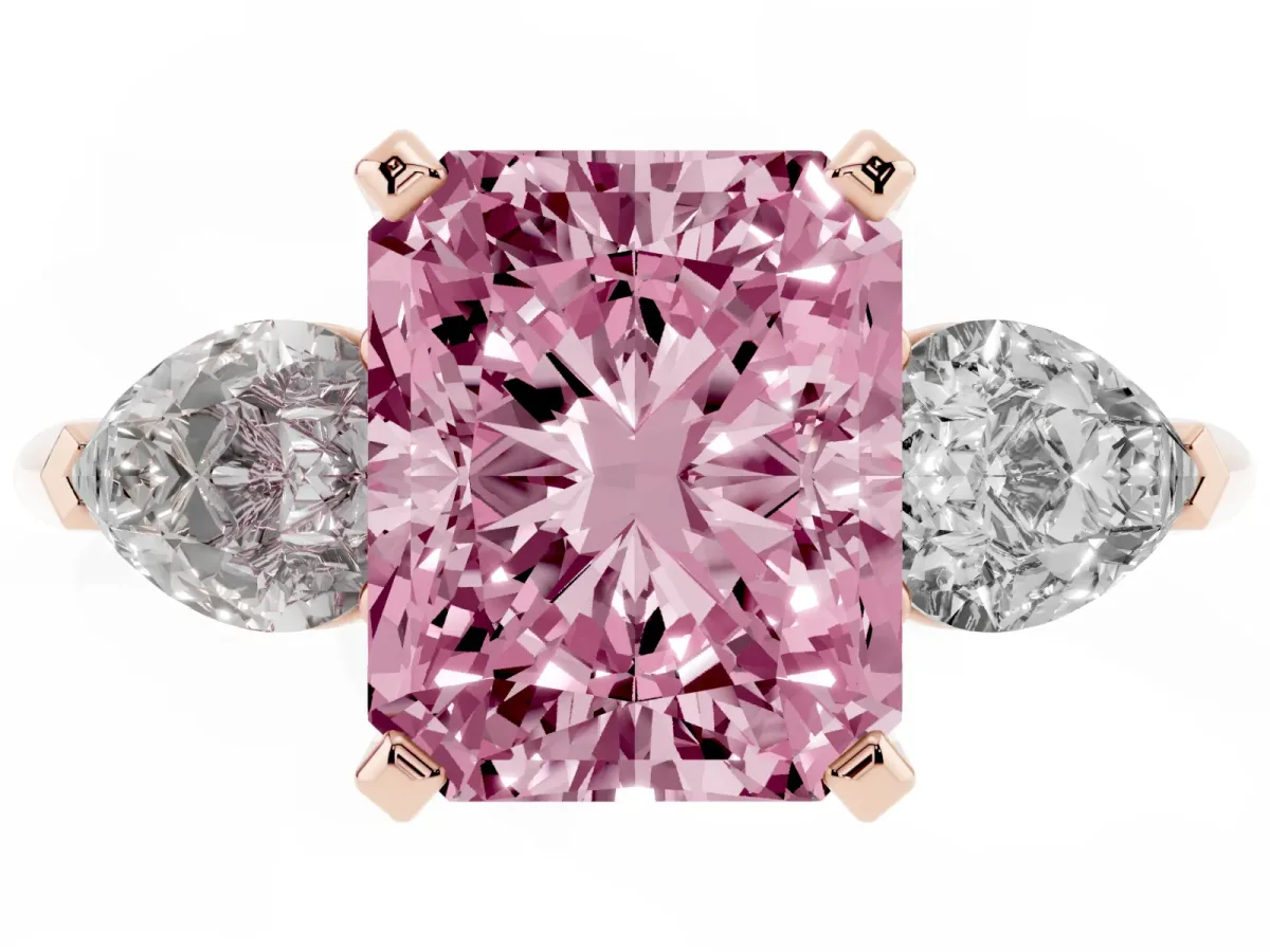 Fancy Pink Three-Stone Radiant Cut Diamond Ring with Pear Side Stones and Four-Prong Setting Rose gold