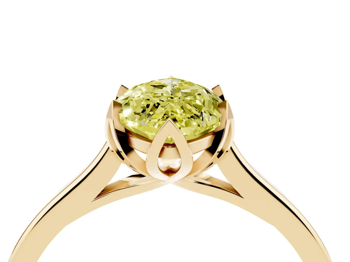 Fancy Yellow Marquise Cut Diamond Solitaire Ring with Flower Prong Setting and Classic Band Yellow gold
