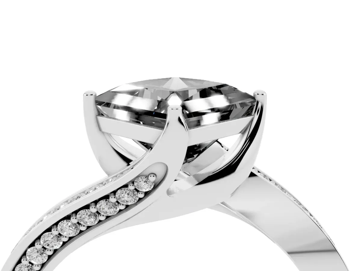 Fancy Black Princess Cut Solitaire Diamond Twist Band with Pavé Setting and Four-Prong Setting Platinum