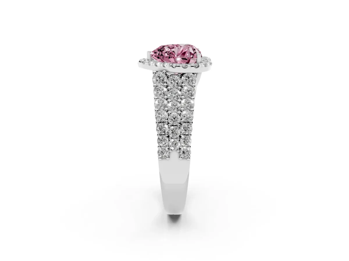 Fancy Pink Heart Cut Diamond Halo Engagement Ring with Triple Row Round Pavé Band and Prong Setting Silver
