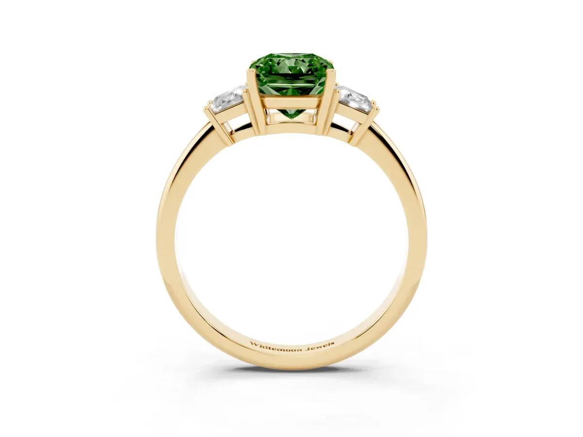 Fancy Green Radiant Cut Diamond Three-Stone Ring with Trapezoid Side Stones and Prong Setting Yellow gold