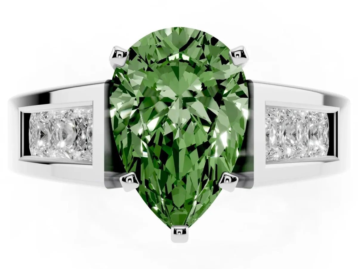 Fancy Green Pear Cut Cut Channel Set Solitaire Ring with Four-Prong Setting Silver