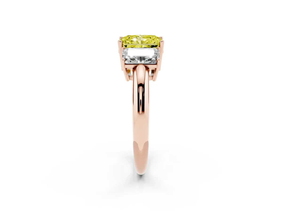 Fancy Yellow Three-Stone Radiant Cut Cut Diamond Engagement Ring with Prong Setting on a White Gold Band Rose gold