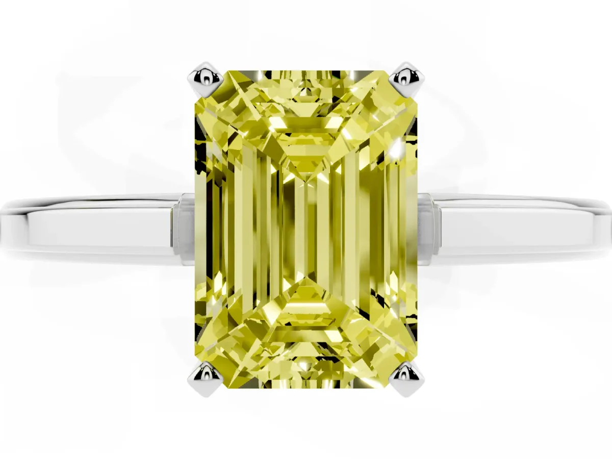 Fancy Yellow Emerald Cut Solitaire Diamond Ring with Four-Prong Setting and Classic Band Silver