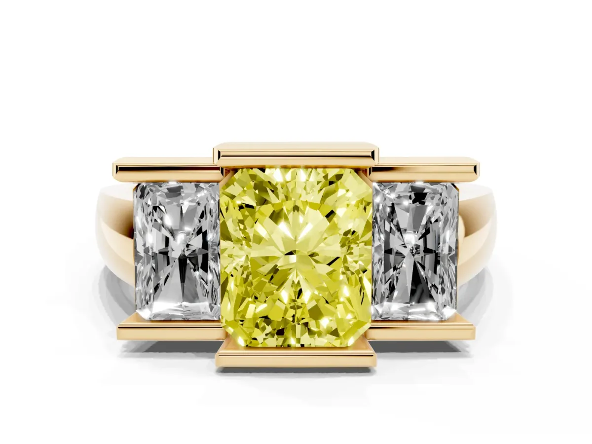 Fancy Yellow Three Stone Radiant Cut Cut Channel Set Diamond Ring Yellow gold