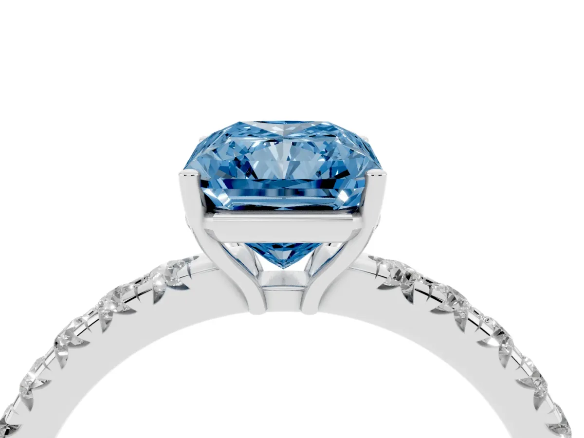 Fancy Blue Radiant Cut Diamond Pavé Solitaire Engagement Ring with Four-Prong Setting Silver