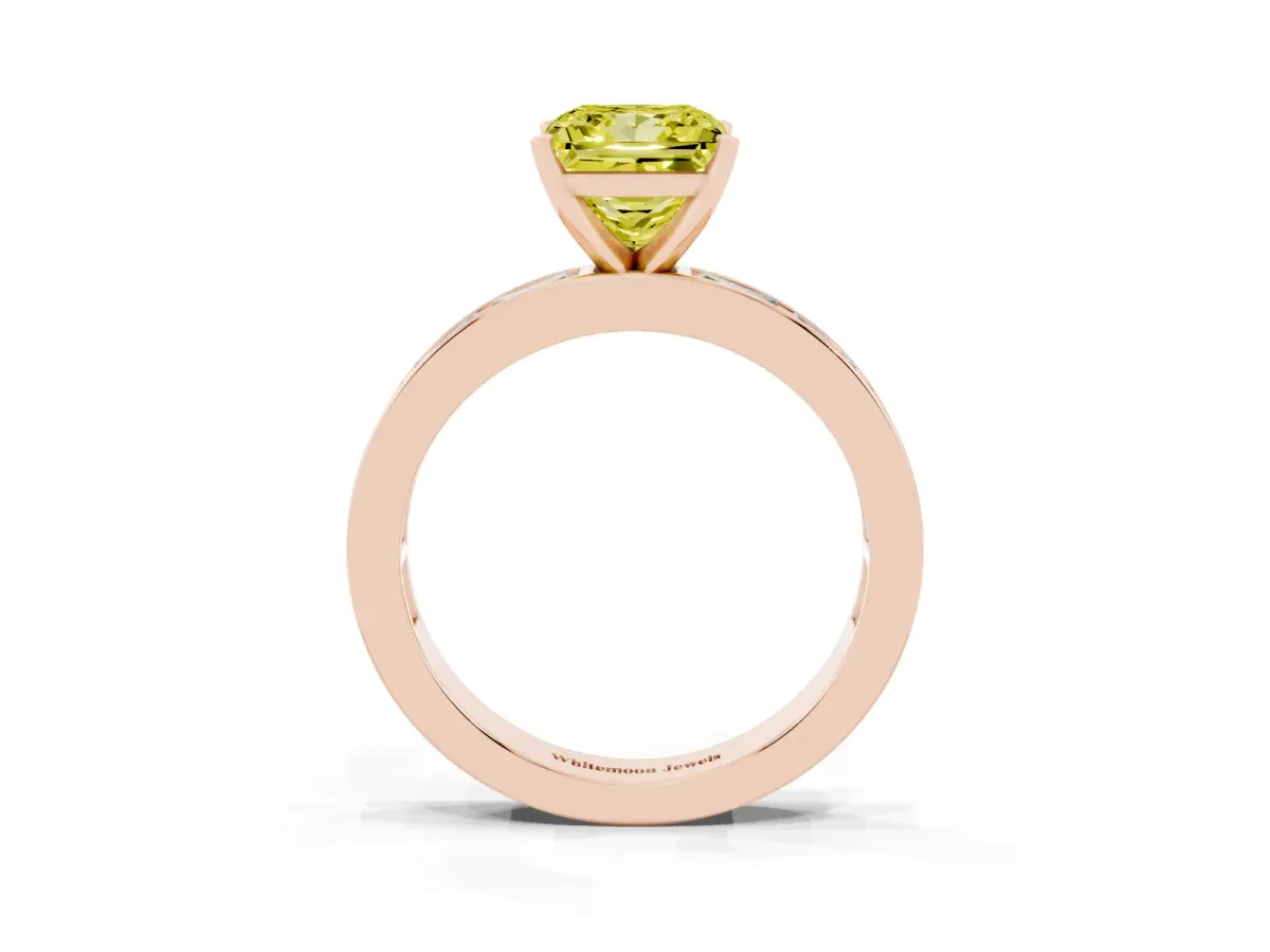 Fancy Yellow Princess Cut Solitaire Diamond Ring with Channel-Set Baguette Band and Four-Prong Setting Rose gold