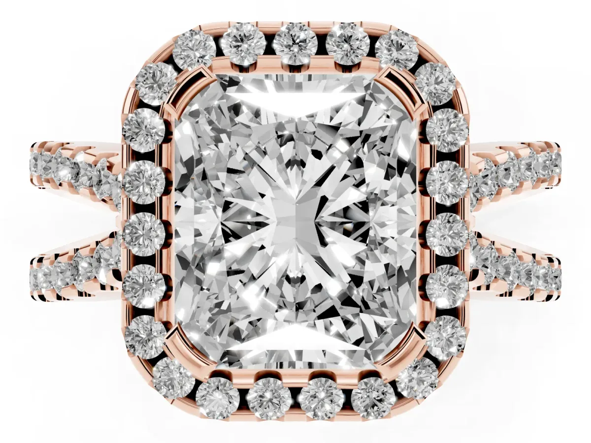Radiant Cut Diamond Halo Ring with Split Shank Pavé Band and Prong Setting Rose gold