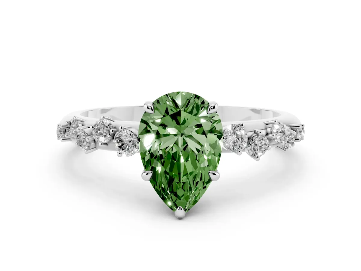 Fancy Green Pear Cut Diamond Cluster Prong-Set Solitaire Ring White gold