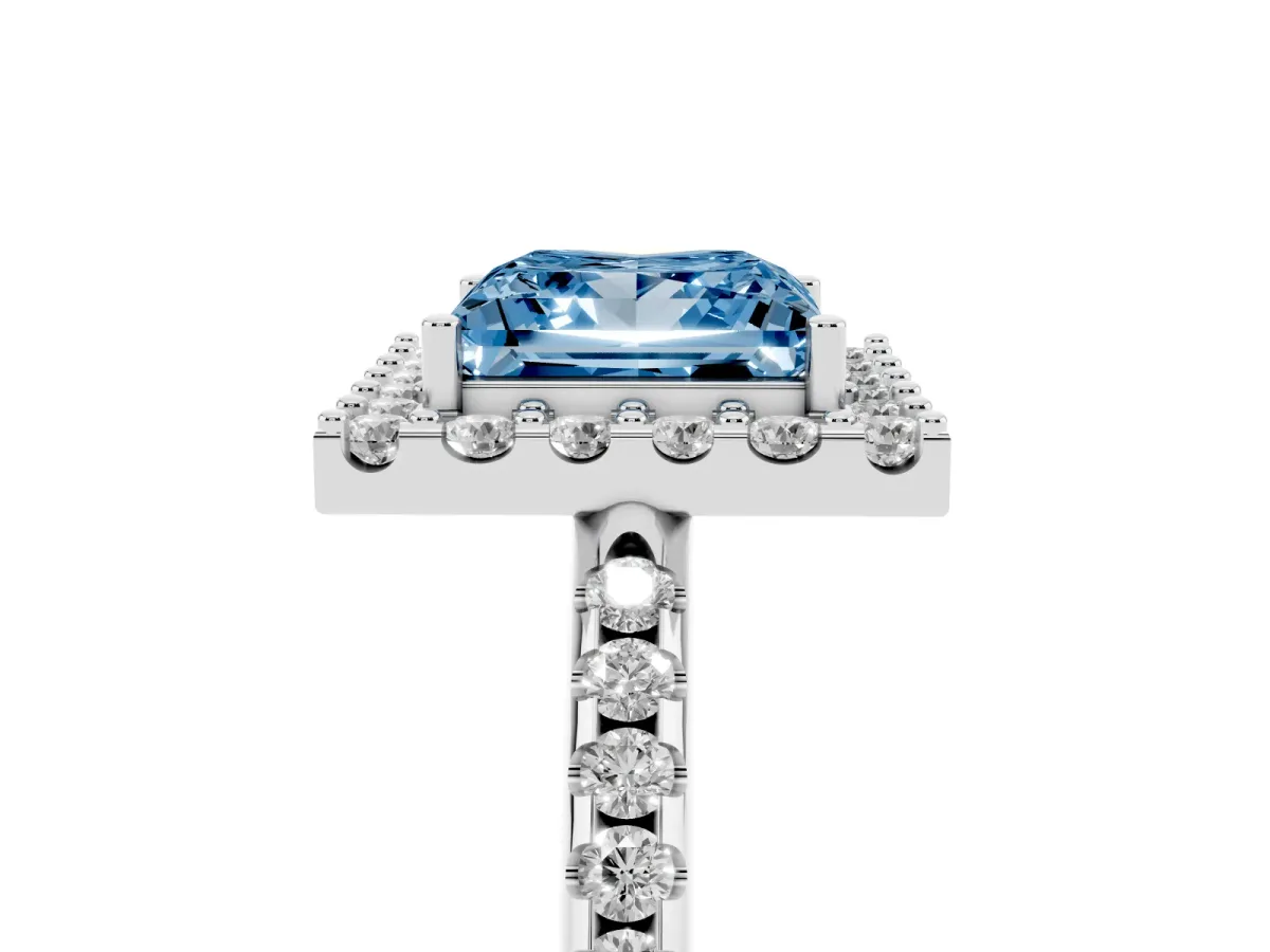 Fancy Blue Princess Cut Diamond Pavé Halo Ring with Four-Prong Setting Silver