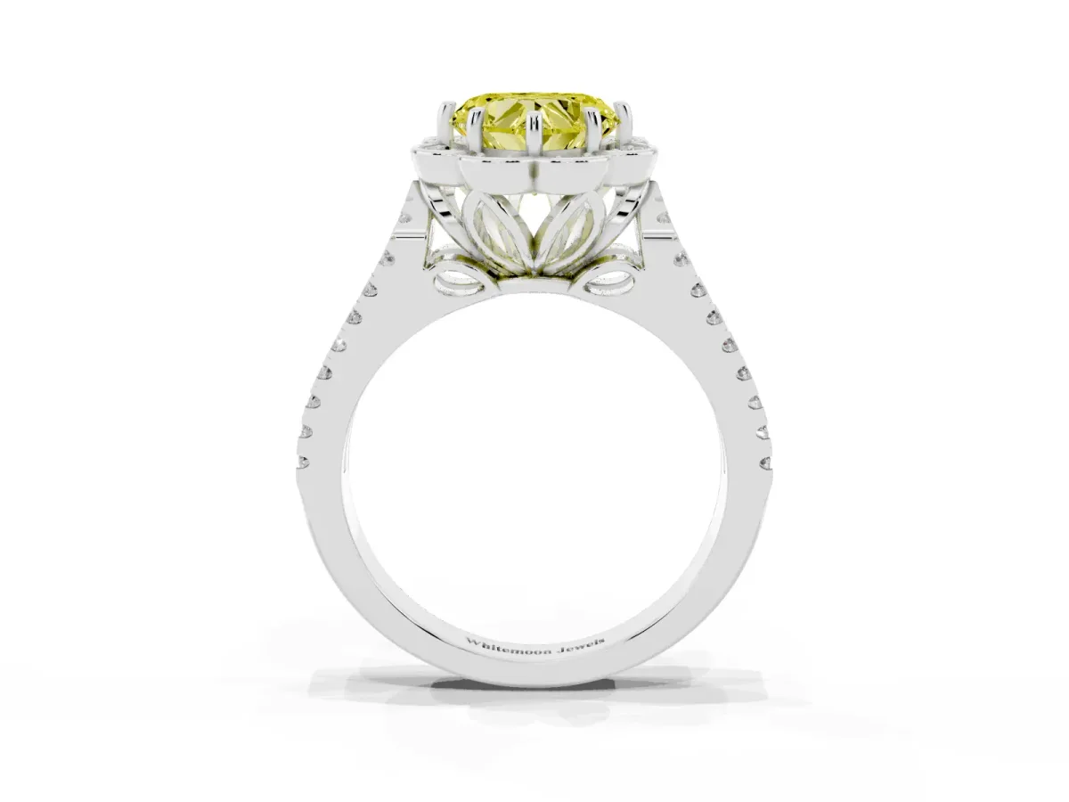 Fancy Yellow Heart Cut Halo Diamond Floral Split Shank Engagement Ring Silver