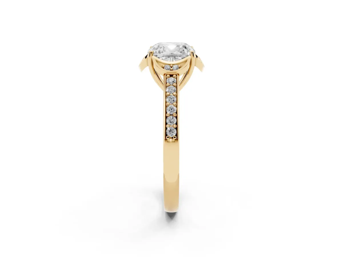 Cushion Cut Cut Halo Diamond Ring with Channel Set Band and Four-Prong Setting Yellow gold