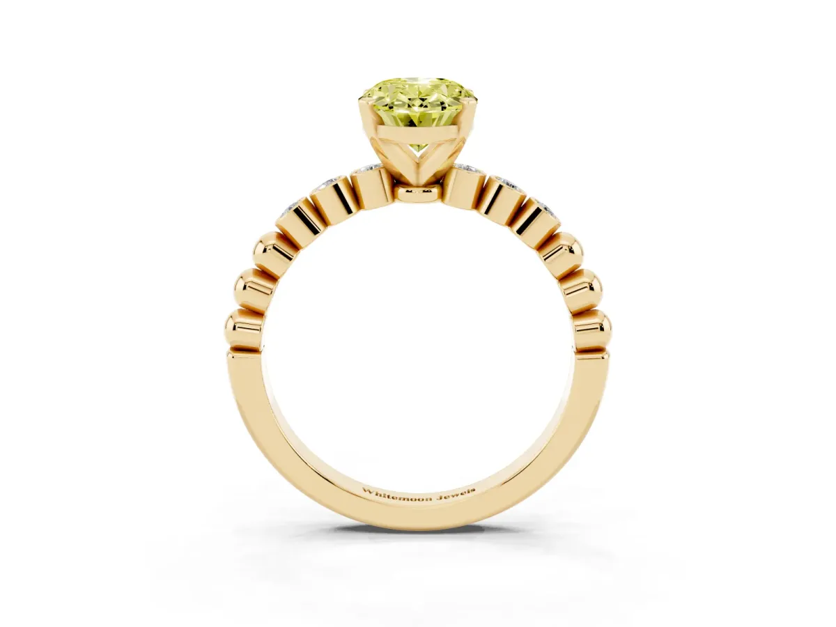 Fancy Yellow Oval Cut Solitaire Bezel Accent Diamond Engagement Ring with Beaded Band and Four-Prong Setting Yellow gold