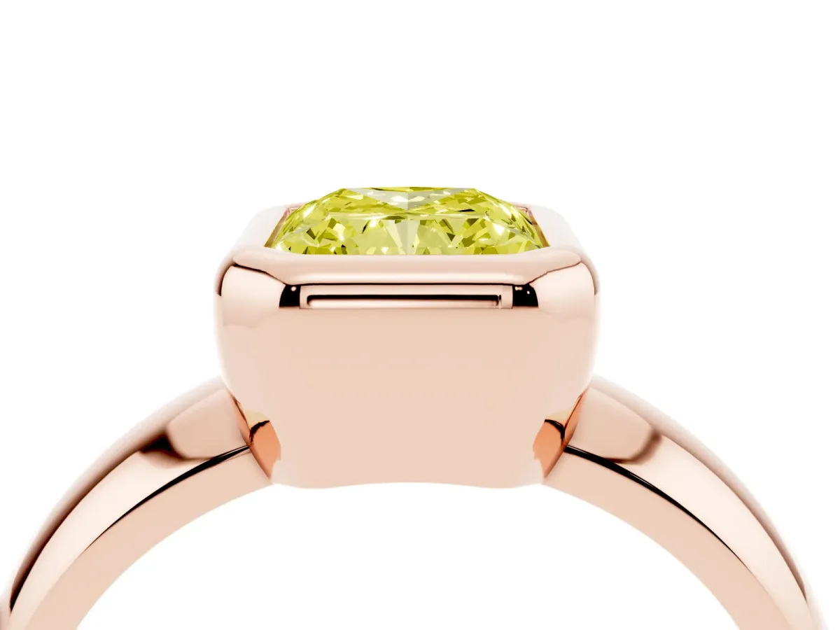 Fancy Yellow Bezel Set Radiant Cut Solitaire Ring with Wide Band Rose gold