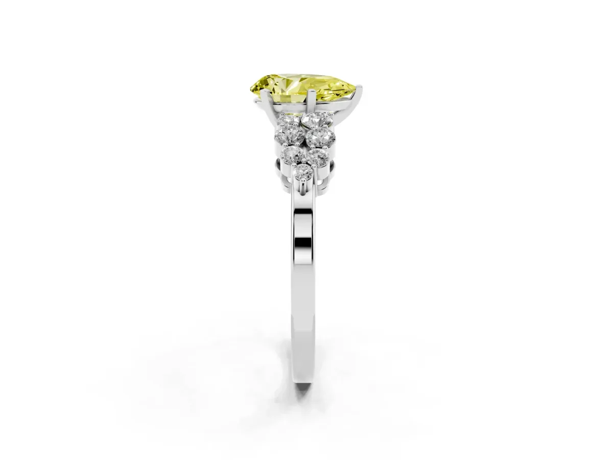 Fancy Yellow Pear Cut Cluster Diamond Engagement Ring with Pavé Band and Four-Prong Setting Platinum