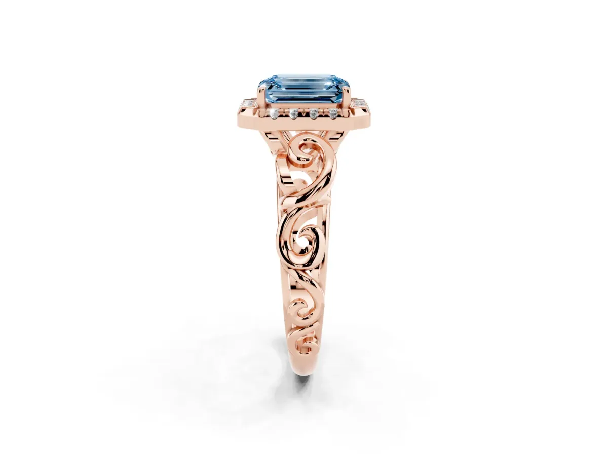 Fancy Blue Emerald Cut Cut Halo Diamond Ring with Scrollwork Band and Four-Prong Setting Rose gold