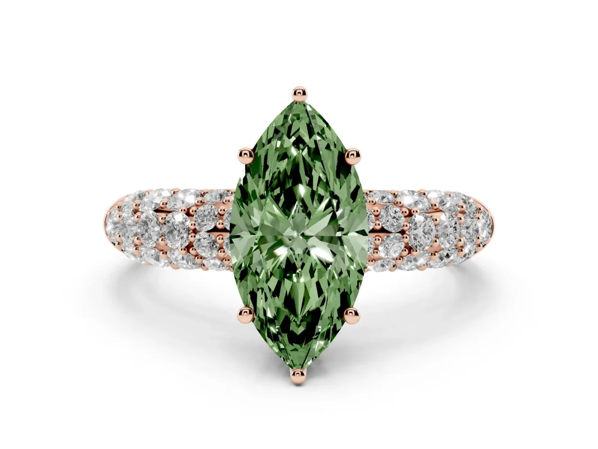 Fancy Green Marquise Cut Diamond Pavé Band Solitaire Ring with Four-Prong Setting Rose gold
