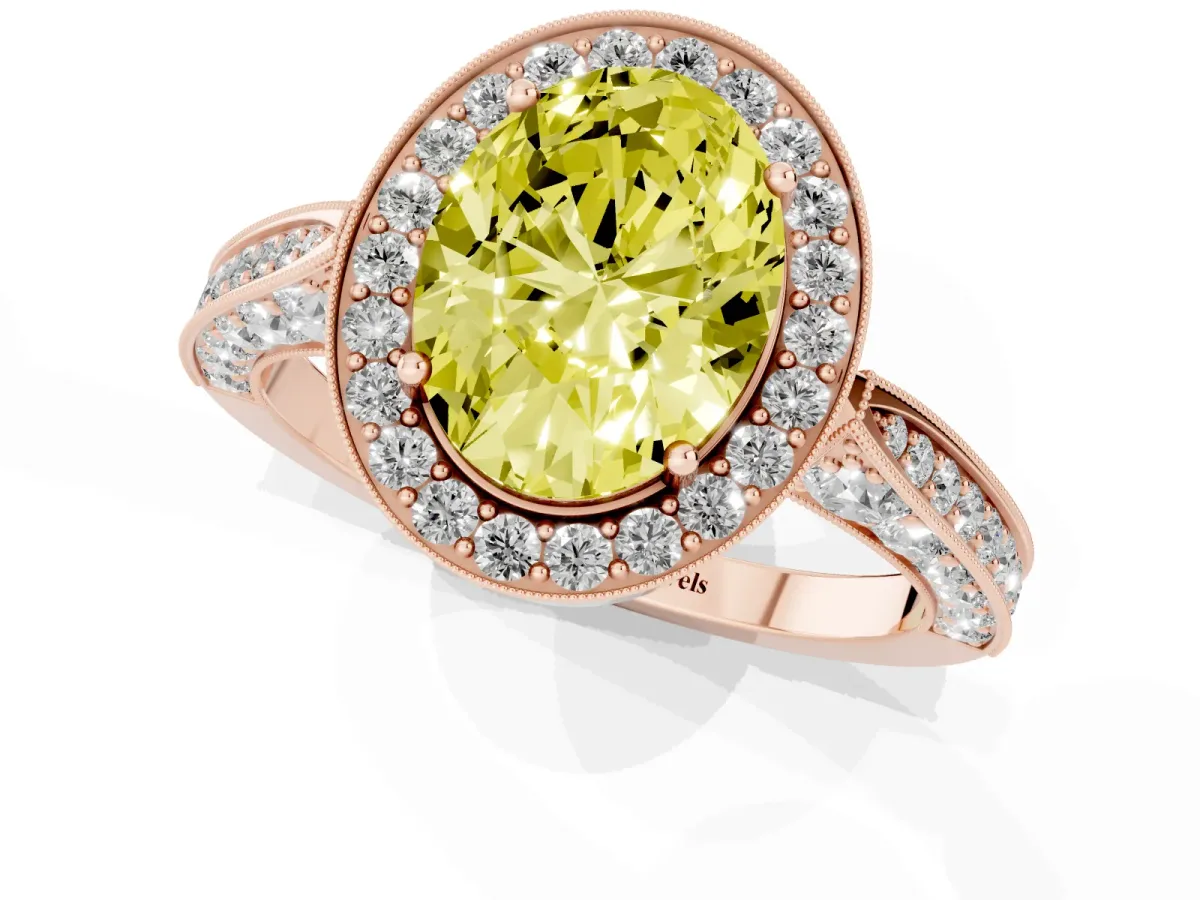 Fancy Yellow Oval Cut Halo Diamond Engagement Ring with Split Shank Band and Four-Prong Setting Rose gold