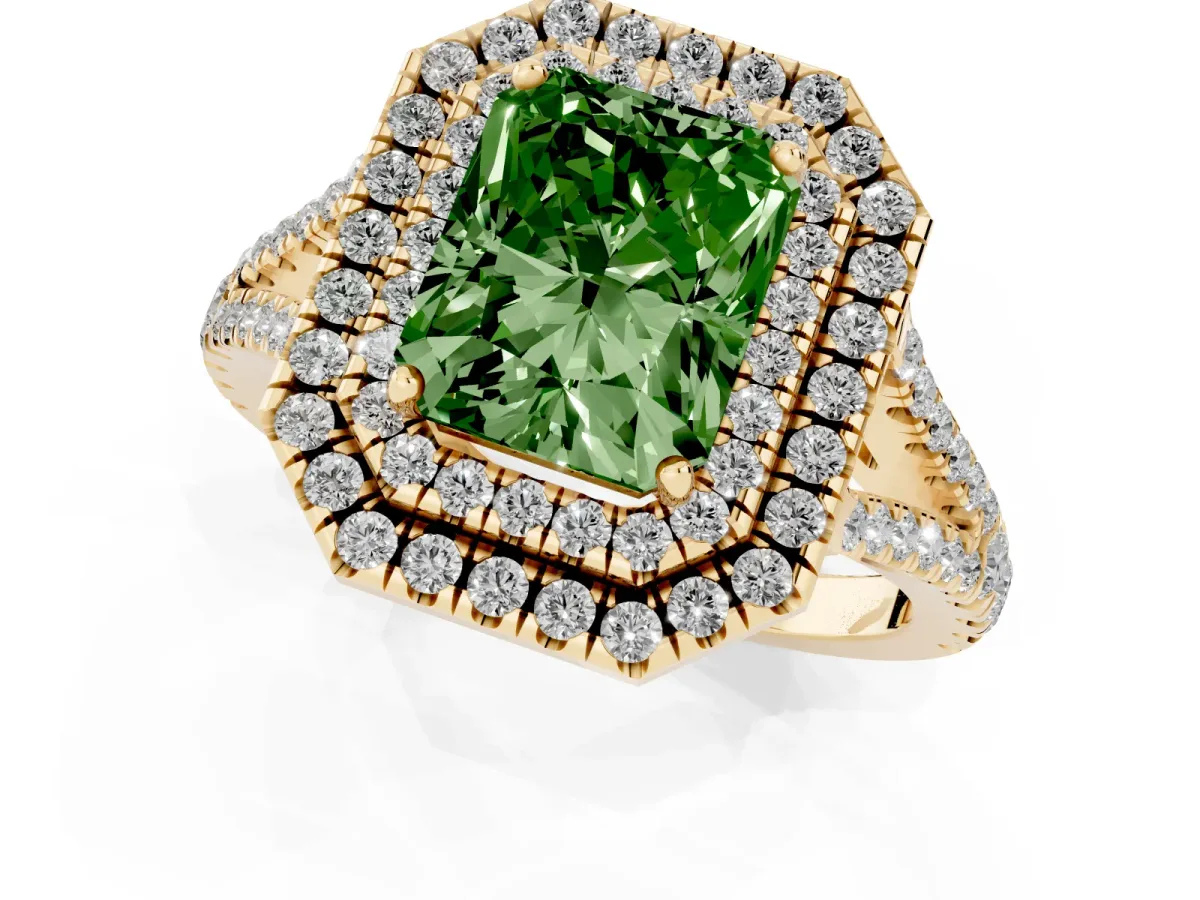 Fancy Green Radiant Cut Diamond Double Halo Ring with Pavé Band and Prong Setting Yellow gold