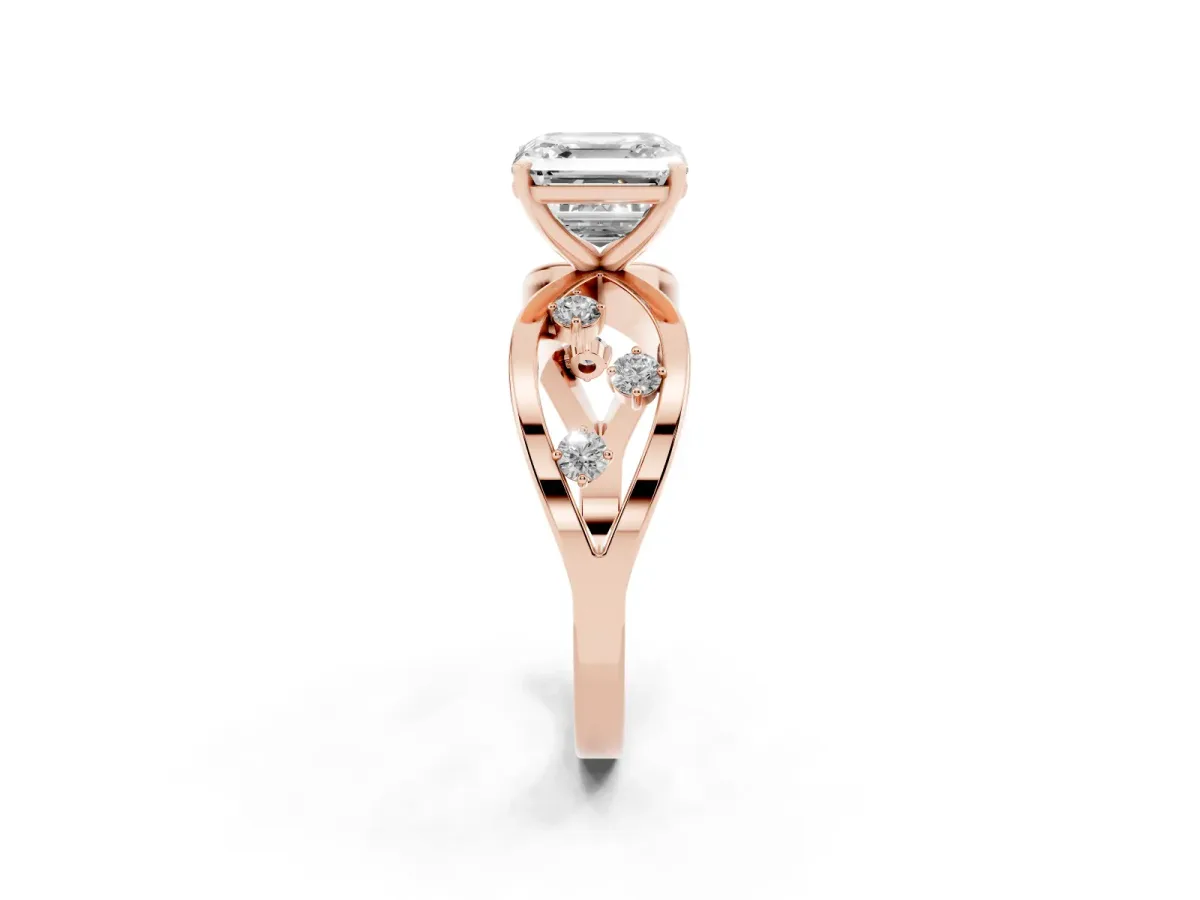 Asscher Cut Cut Solitaire Diamond with Side Stones on Criss-Cross Band and Four-Prong Setting Rose gold