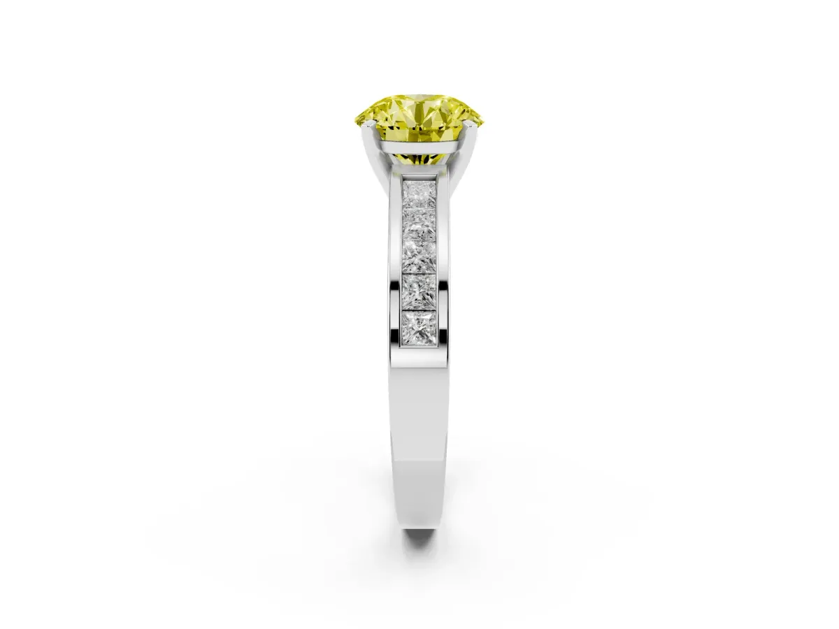 Fancy Yellow Round Cut Solitaire Diamond Ring with Channel-Set Band and Four-Prong Setting Silver