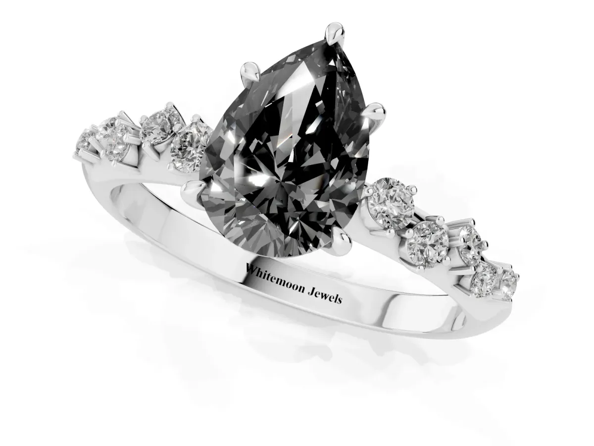 Fancy Black Pear Cut Diamond Cluster Side Stone Solitaire Ring with Prong Setting Silver