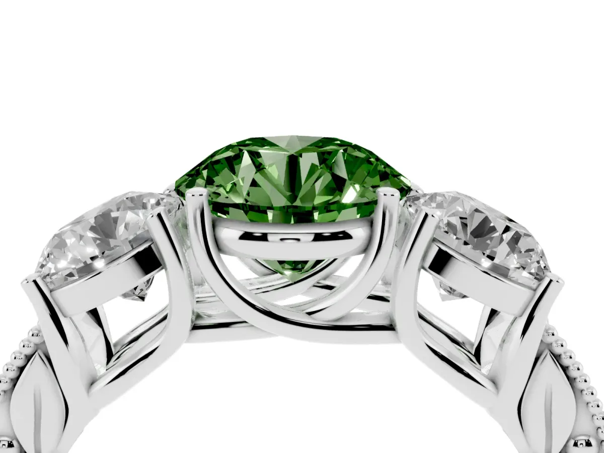 Fancy Green Three-Stone Round Cut Cut Milgrain Pavé Engagement Ring Platinum