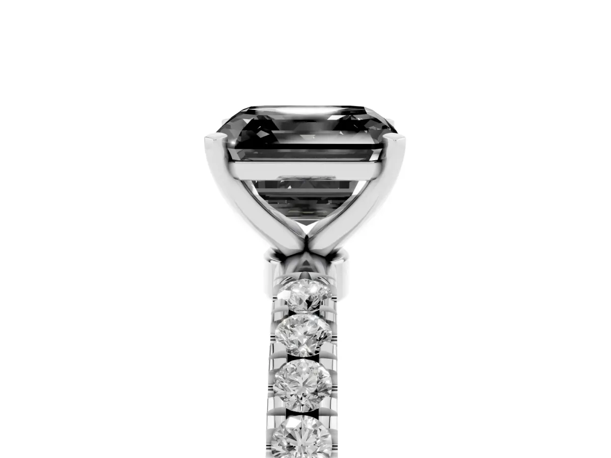 Fancy Black Asscher Cut Diamond Solitaire Ring with Pavé Accents and Four-Prong Setting Silver