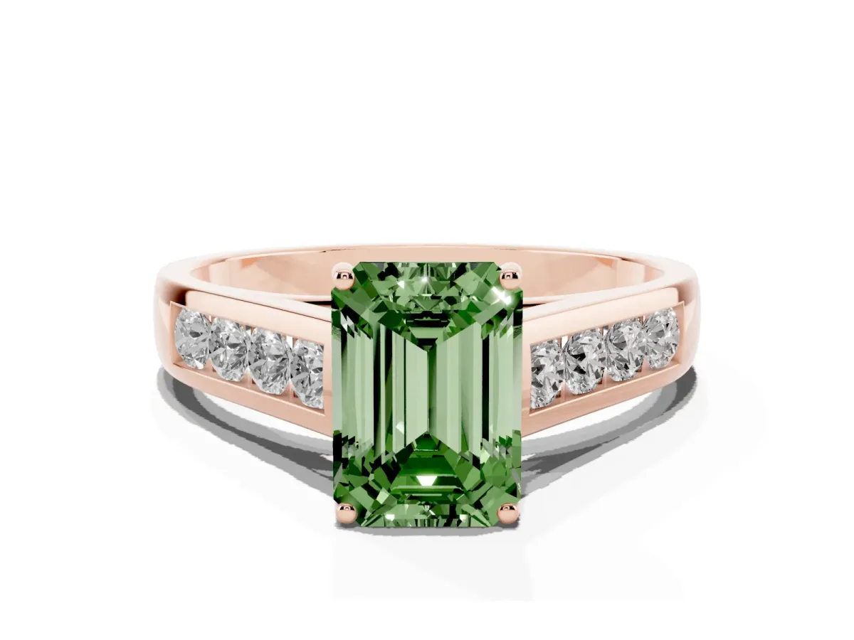 Fancy Green Emerald Cut Solitaire Channel-Set Diamond Engagement Ring with Four-Prong Setting Rose gold