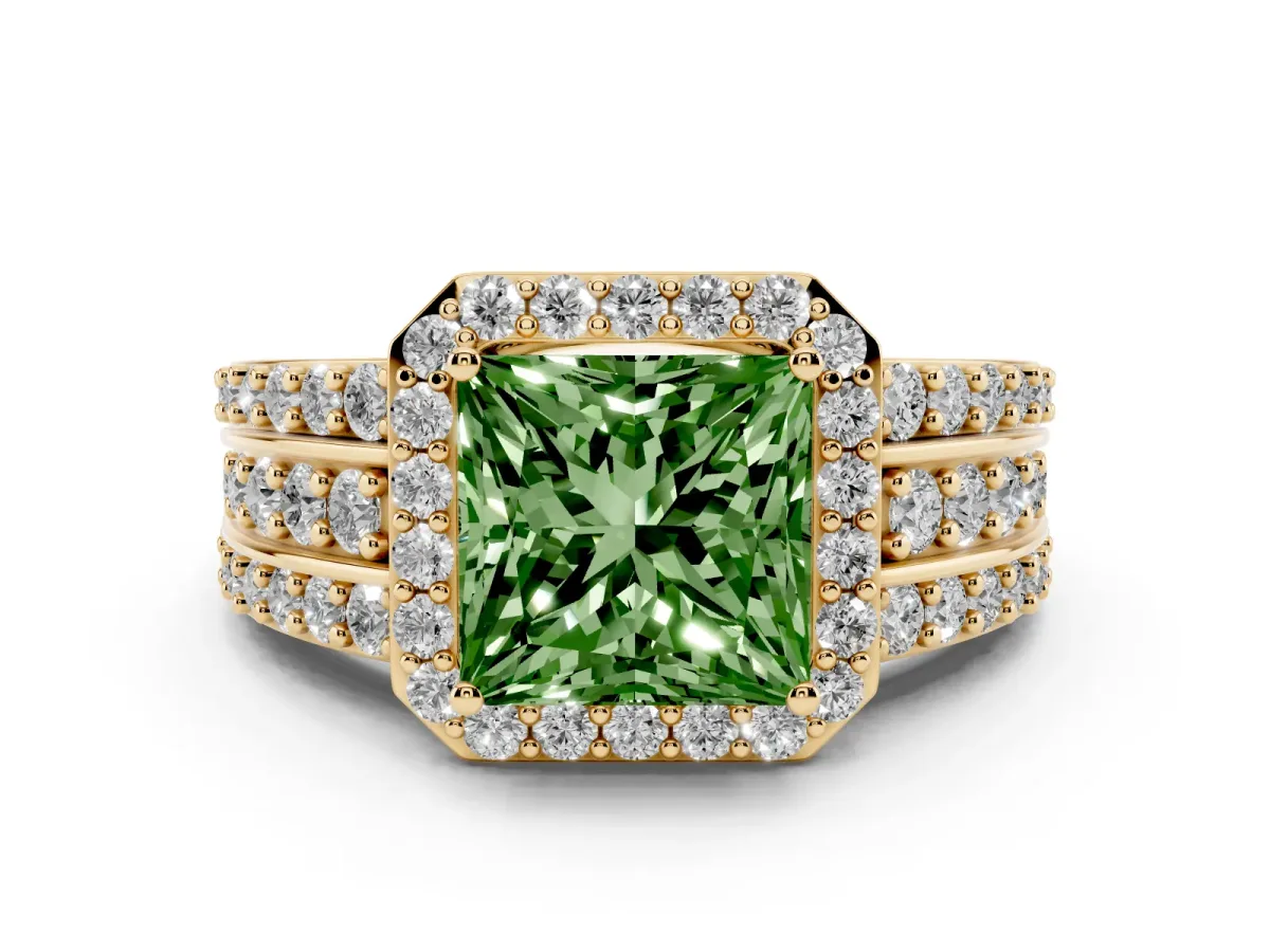 Fancy Green Princess Cut Halo Diamond Ring with Round Split Shank and Prong Setting Yellow gold