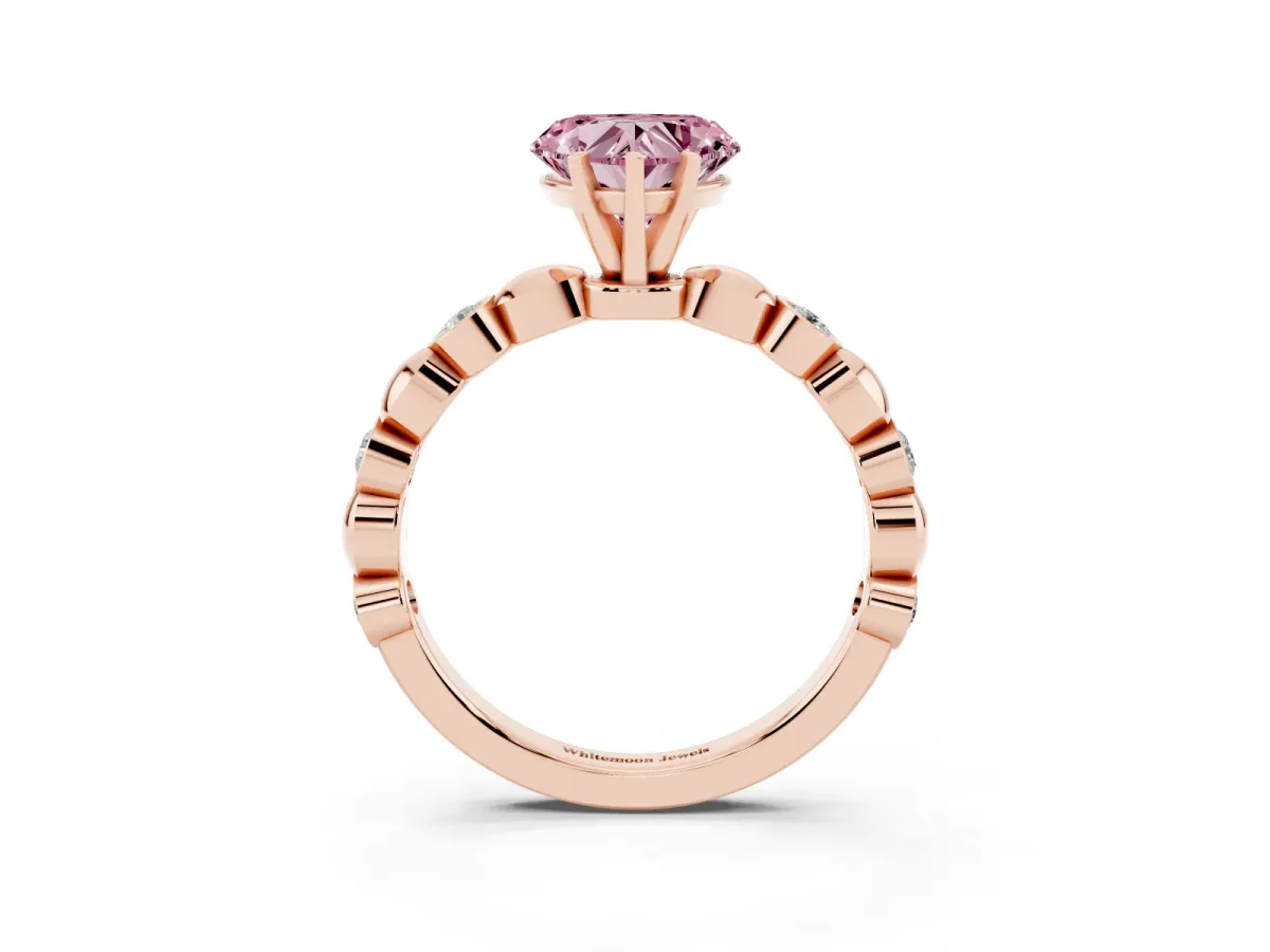 Fancy Pink Heart Cut Solitaire Bezel-Set Diamond Ring with Beaded Band and Four-Prong Setting Rose gold