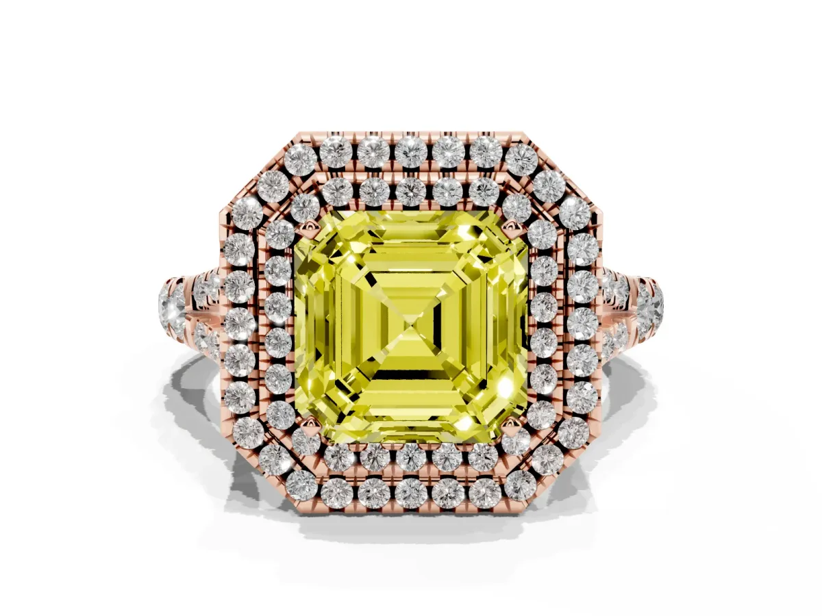 Fancy Yellow Asscher Cut Diamond Pavé Split Shank Double Halo Engagement Ring Rose gold