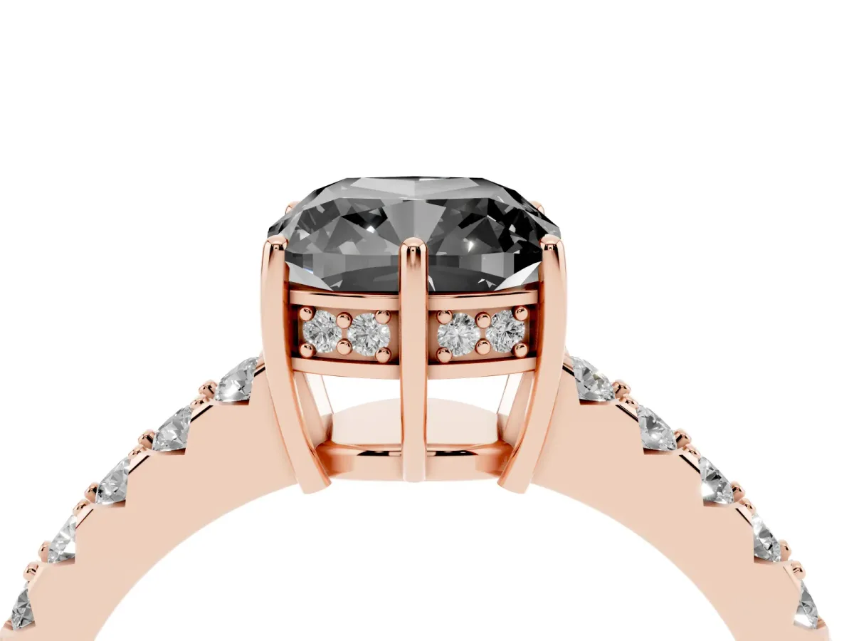 Fancy Black Cushion Cut Solitaire Diamond Engagement Ring with Pavé Band and Six-Prong Setting Rose gold