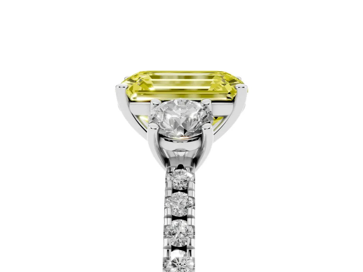 Fancy Yellow Three-Stone Emerald Cut Cut Diamond Pavé Band with Prong Setting Silver