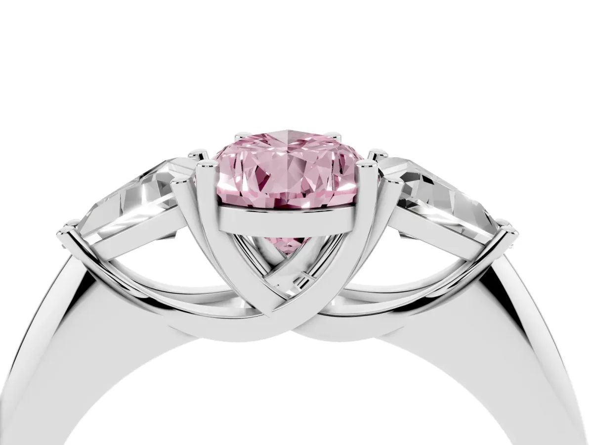 Fancy Pink Three-Stone Pear Cut Diamond Engagement Ring with Trillion Side Stones and Prong Setting Silver
