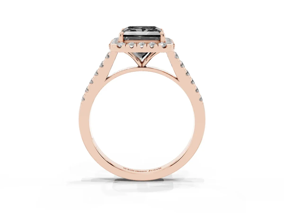 Fancy Black Princess Cut Halo Pave Diamond Engagement Ring with Four-Prong Setting Rose gold