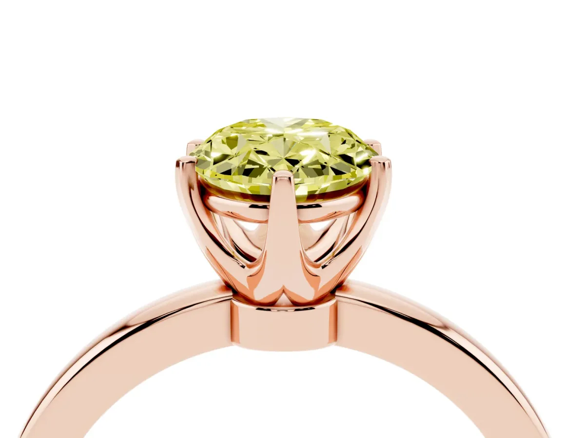 Fancy Yellow Oval Cut Solitaire Diamond Ring with Six-Prong Setting on a Classic Band Rose gold