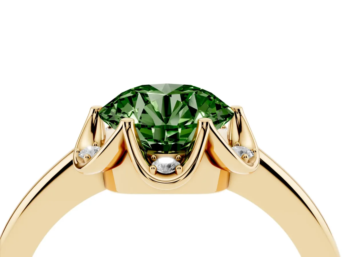 Fancy Green Round Cut Halo Diamond Ring with Round Cluster Setting, Solitaire Band, and Four-Prong Setting Yellow gold