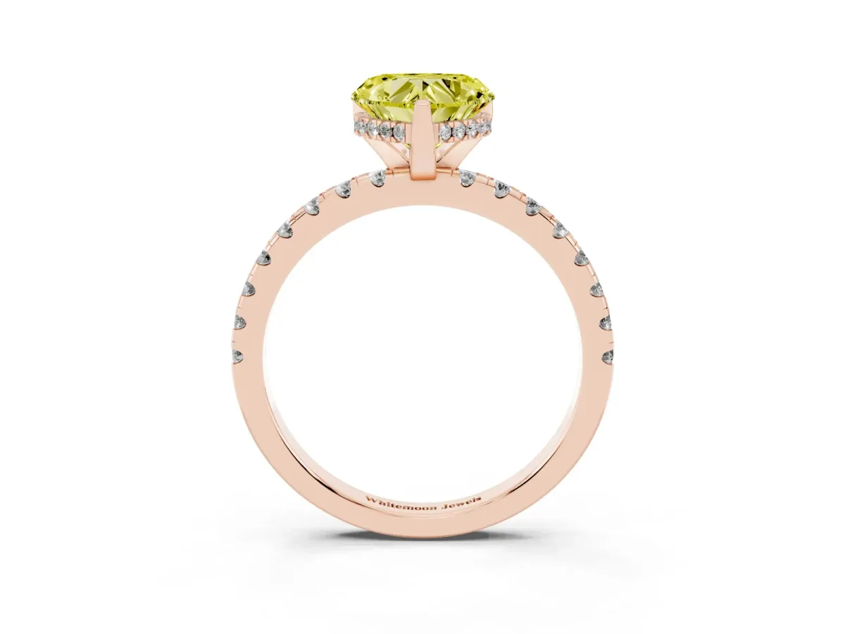 Fancy Yellow Heart Cut Diamond Solitaire Ring with Round Pavé Band and Four-Prong Setting Rose gold