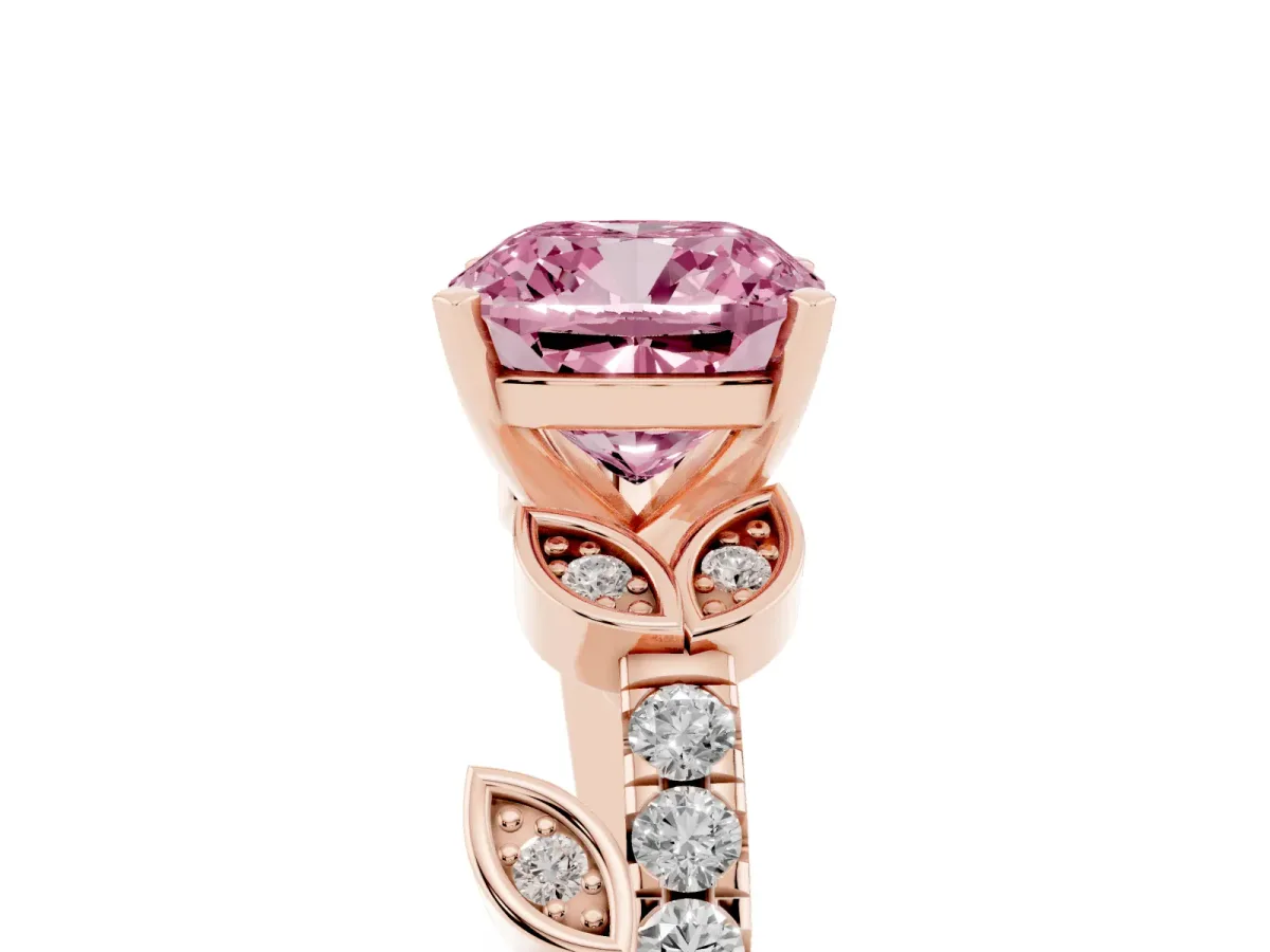 Fancy Pink Cushion Cut Solitaire Leaf-Inspired Diamond Ring with Pavé Band and Four-Prong Setting Rose gold