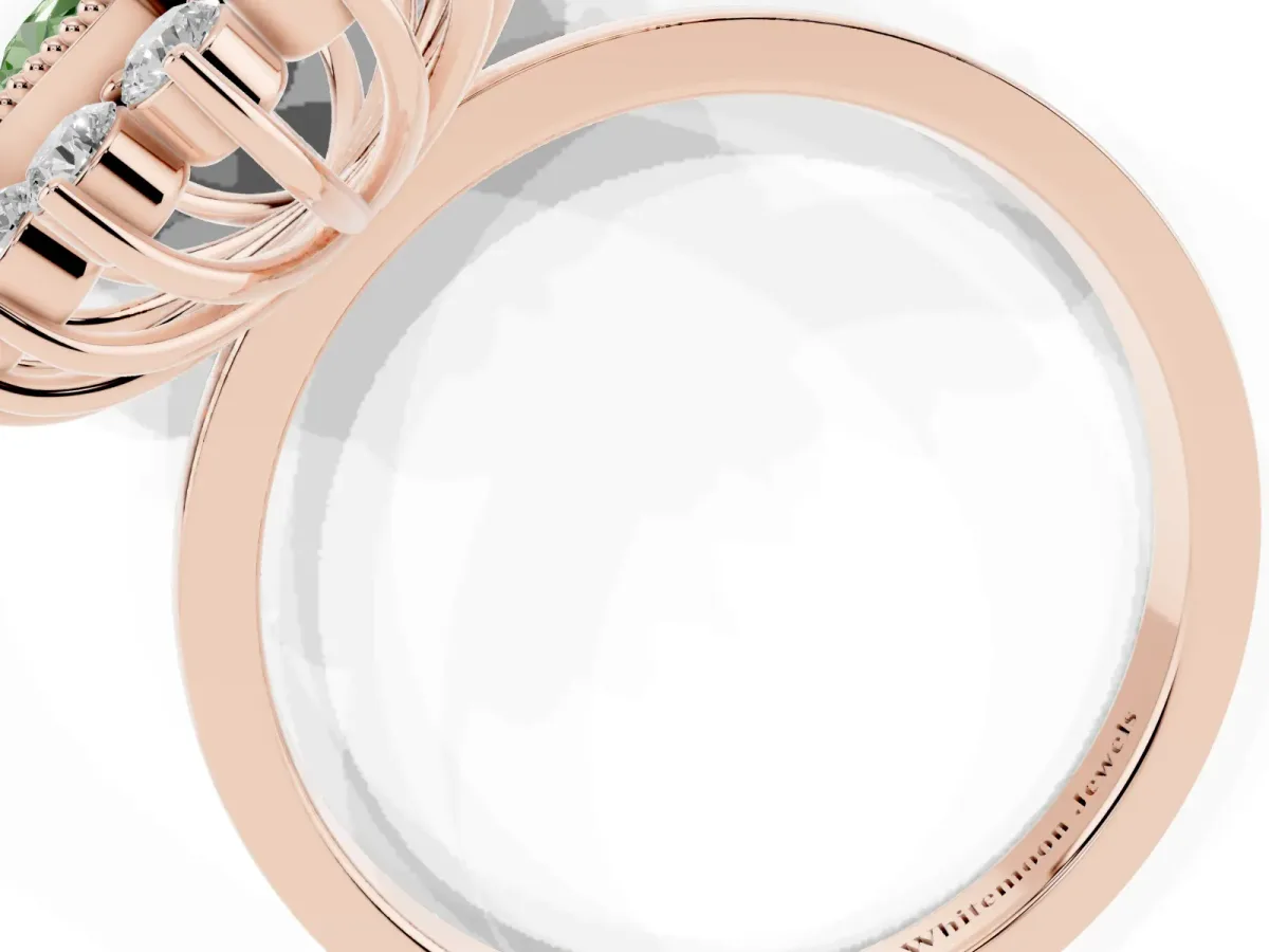 Fancy Green Oval Cut Halo Diamond Ring with Milgrain Edge and Round Prong Setting Rose gold