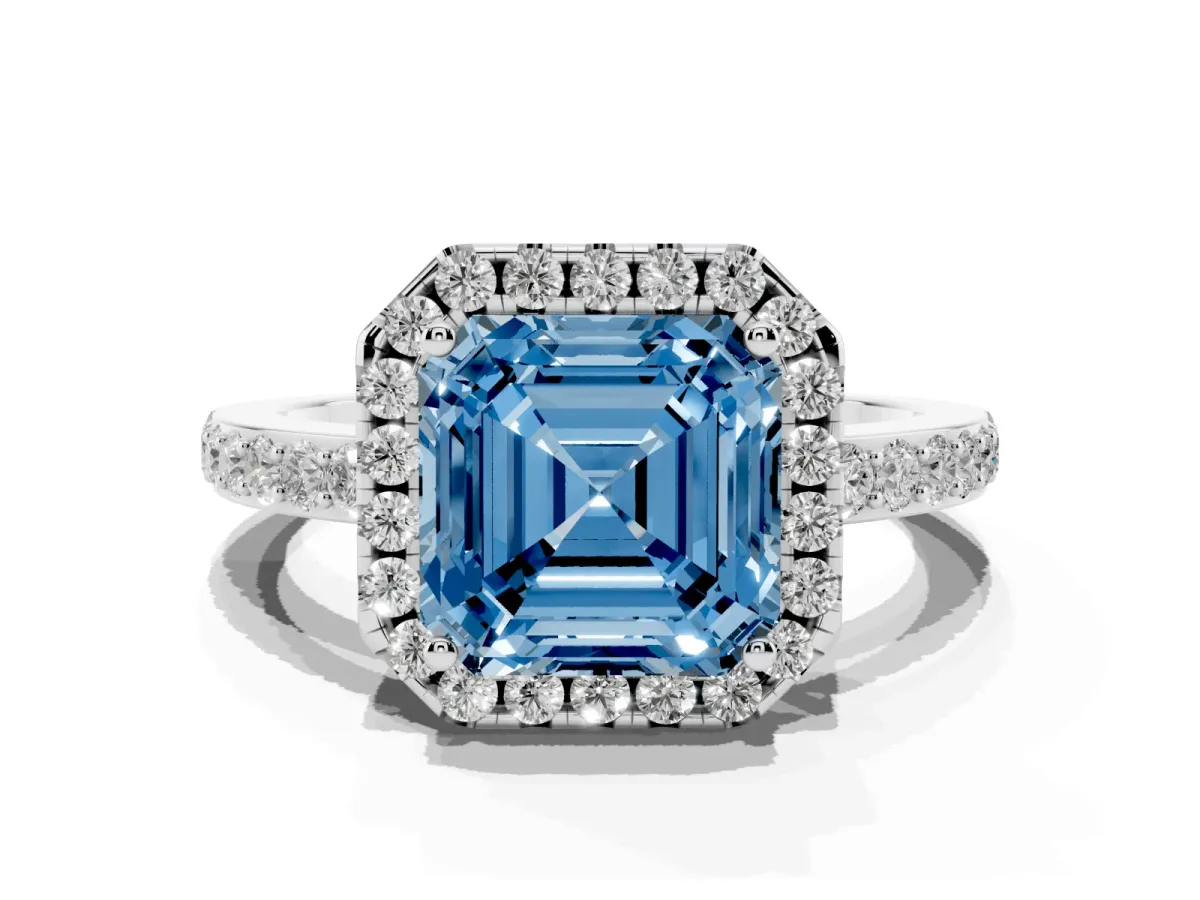 Fancy Blue Asscher Cut Halo Diamond Pavé Band Ring with Prong Setting Silver