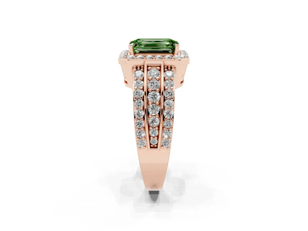 Fancy Green Emerald Cut Halo Diamond Ring with Round Split Shank and Prong Setting Rose gold
