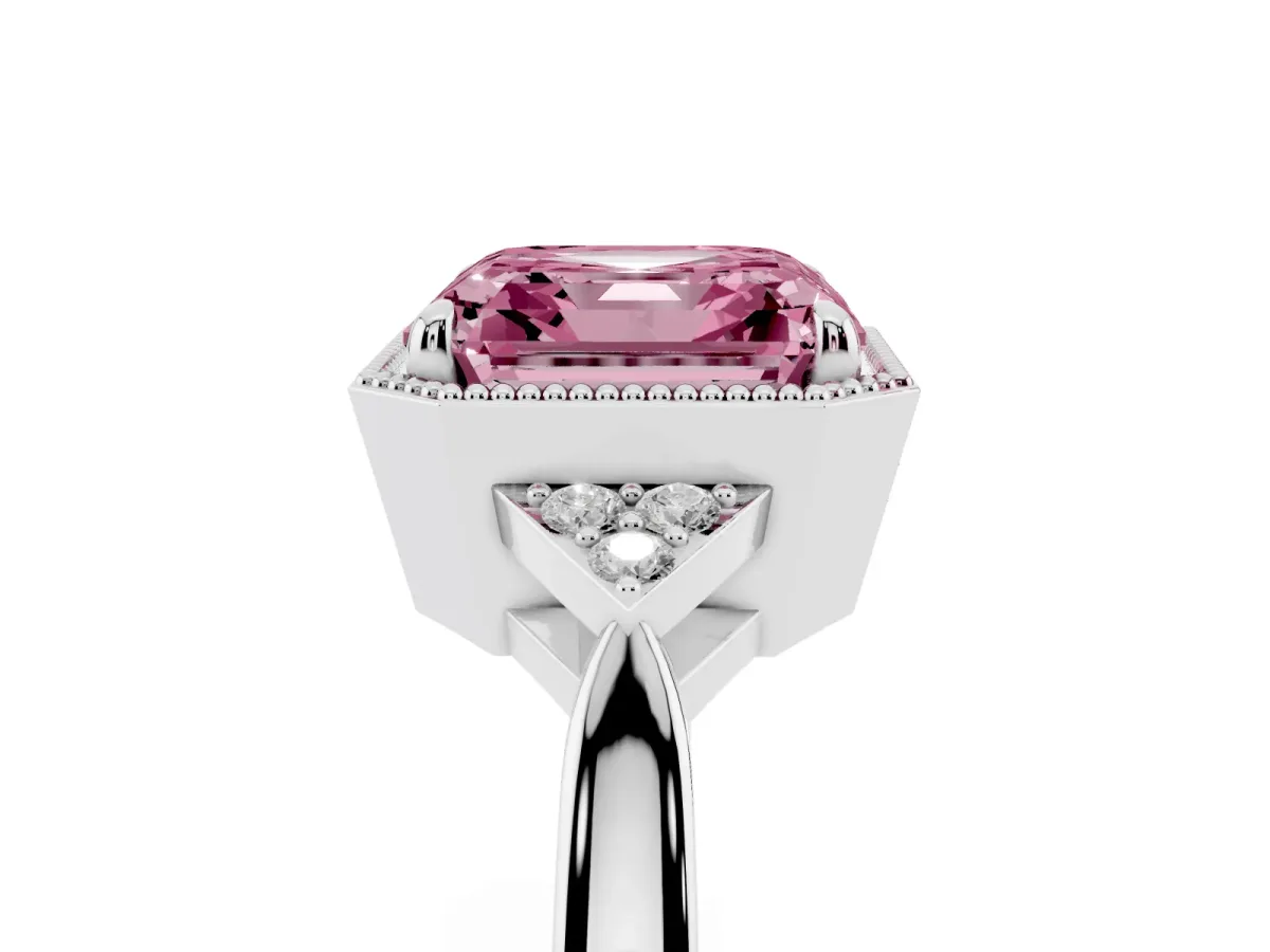 Fancy Pink Milgrain Asscher Cut Cut Diamond Ring with Tapered Pave Band and Four Prong Setting White gold