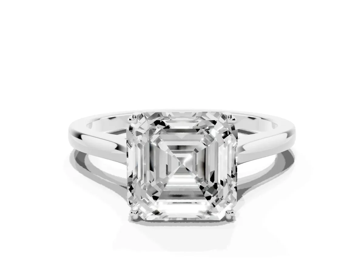 Asscher Cut Solitaire Heart Prong Engagement Ring with Tapered Band Silver