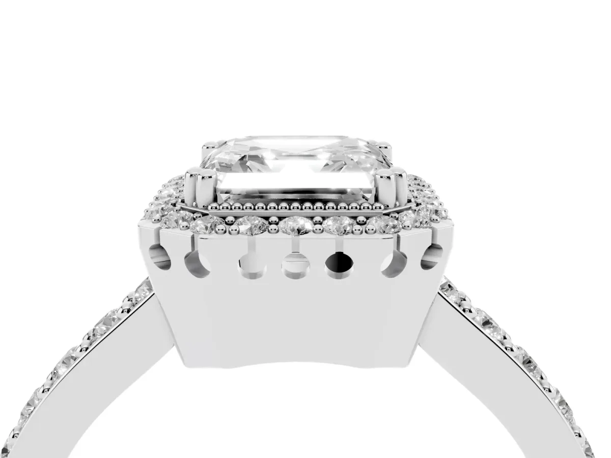 Asscher Cut Cut Diamond Halo Engagement Ring with Milgrain Detail and Pavé Band White gold