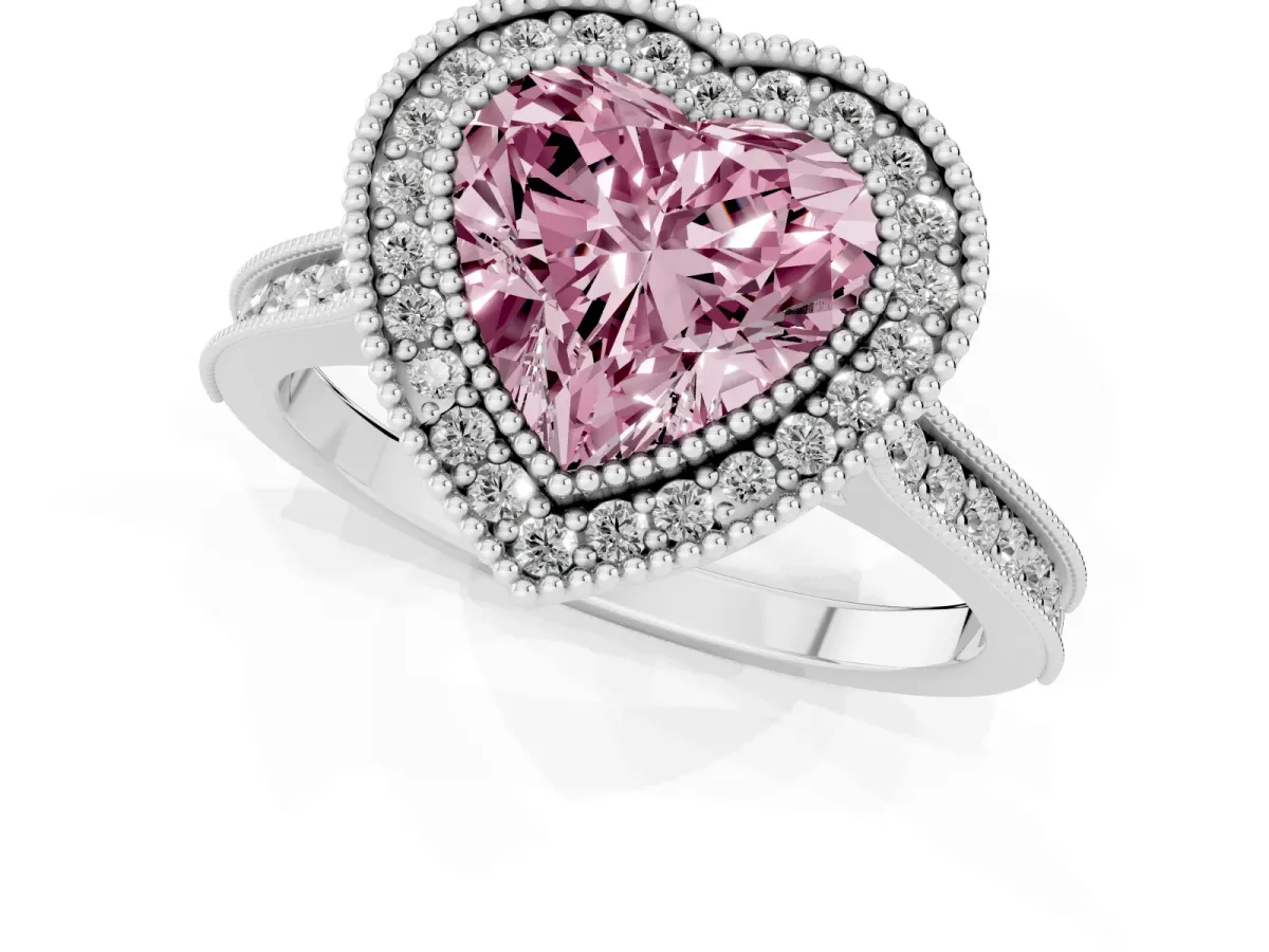 Fancy Pink Halo Heart Cut-Cut Diamond Pave Band Milgrain Prong Setting Ring White gold